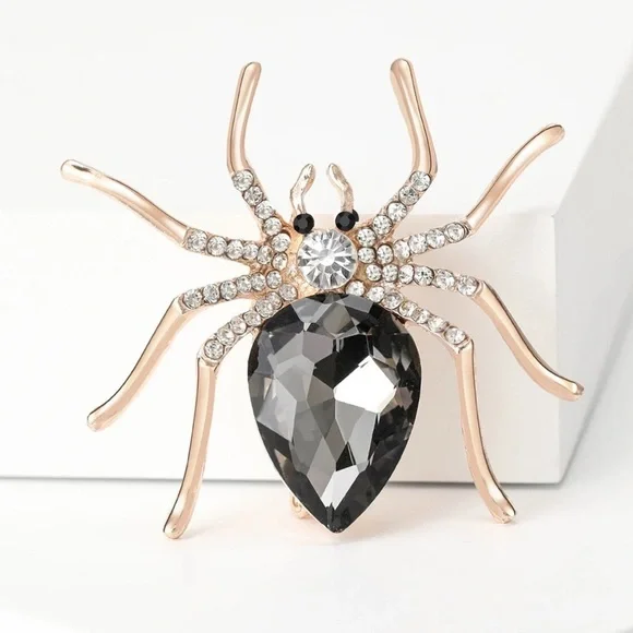 Elegant Gold Black Spider Brooch Art Deco Style Enamel Grey Crystal Spider Pin - Picture 2 of 3